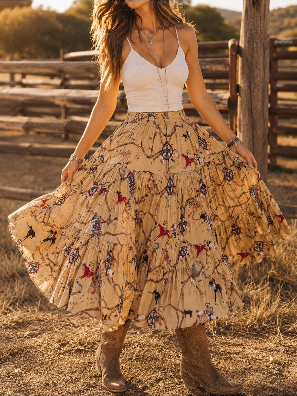 Vintage Sedona Stitchery Southwestern Cowboy Rodeo Tiered Maxi Skirt One Size